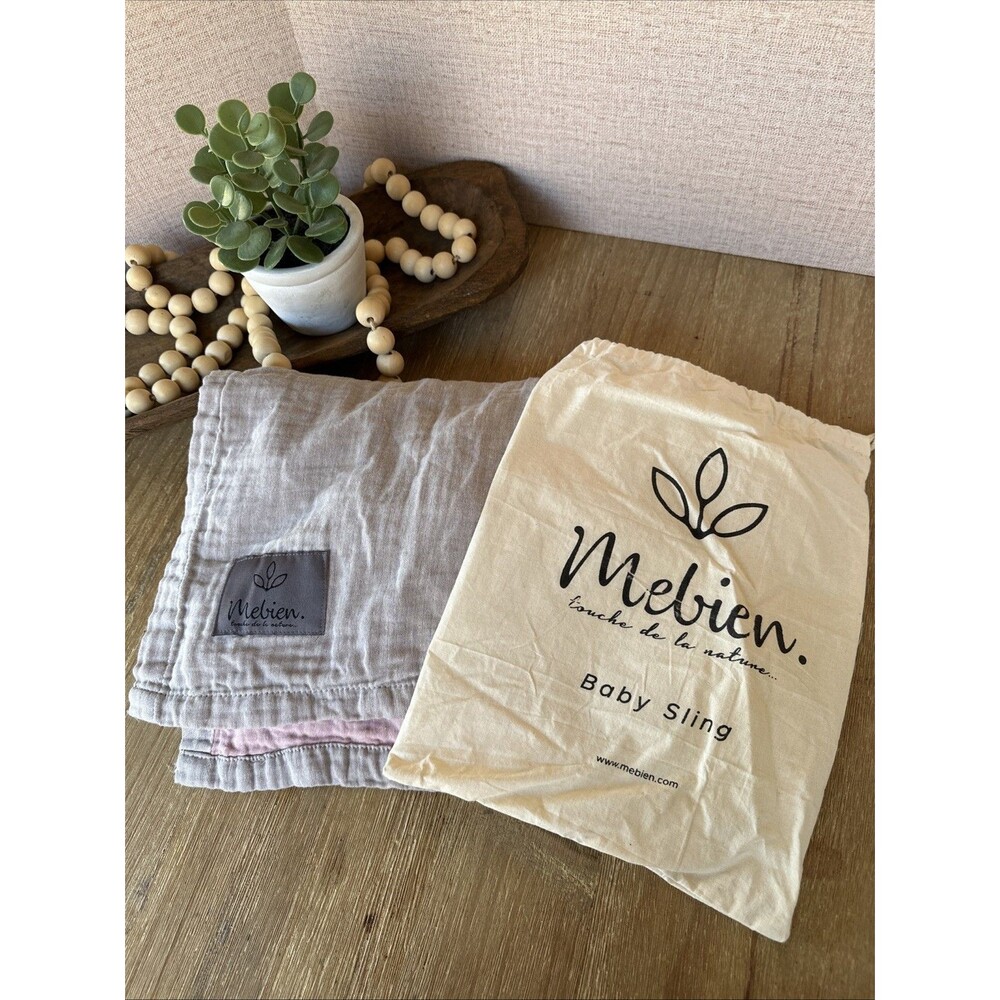Mebien Organic Muslin Cotton Baby Ring Sling Carrier Grey Rose w/Dust Bag EUC
